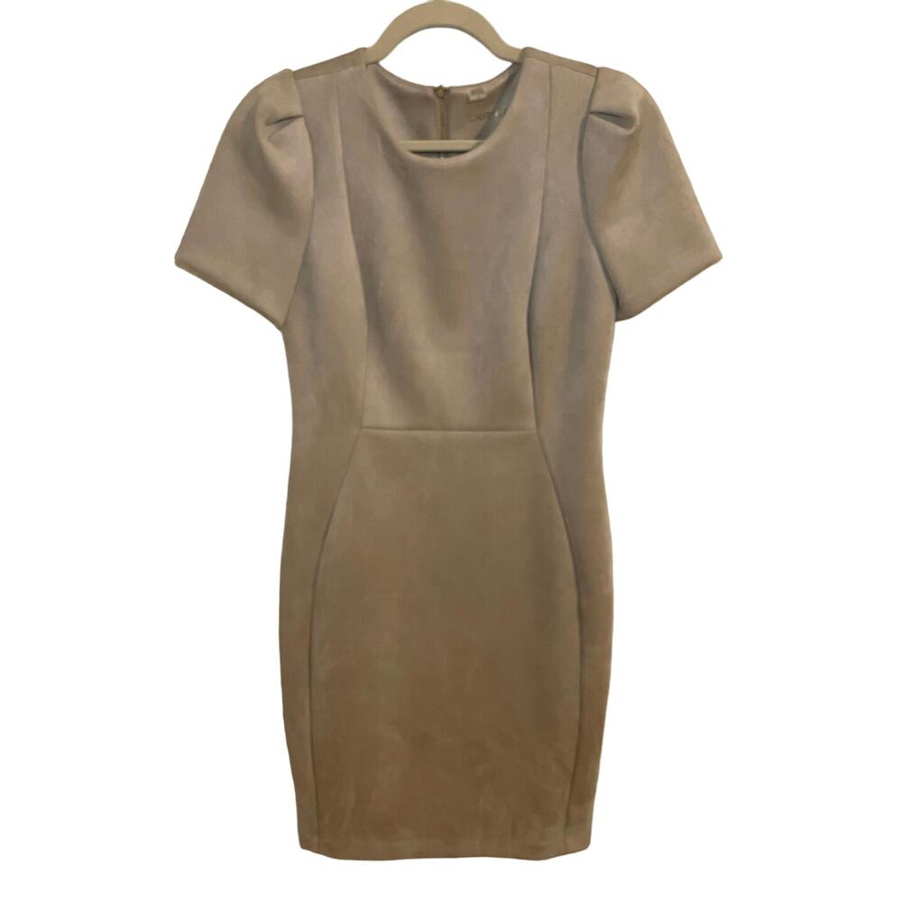 Nwot Calvin Klein Sleeveless Round Neck Faux Suede Trim Beige Dress Sz 8